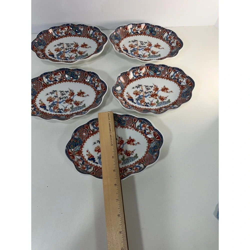 Japanese Arita Imari Porcelain Oval Scalloped Bowls Bamboo Floral Set of 5 Japan